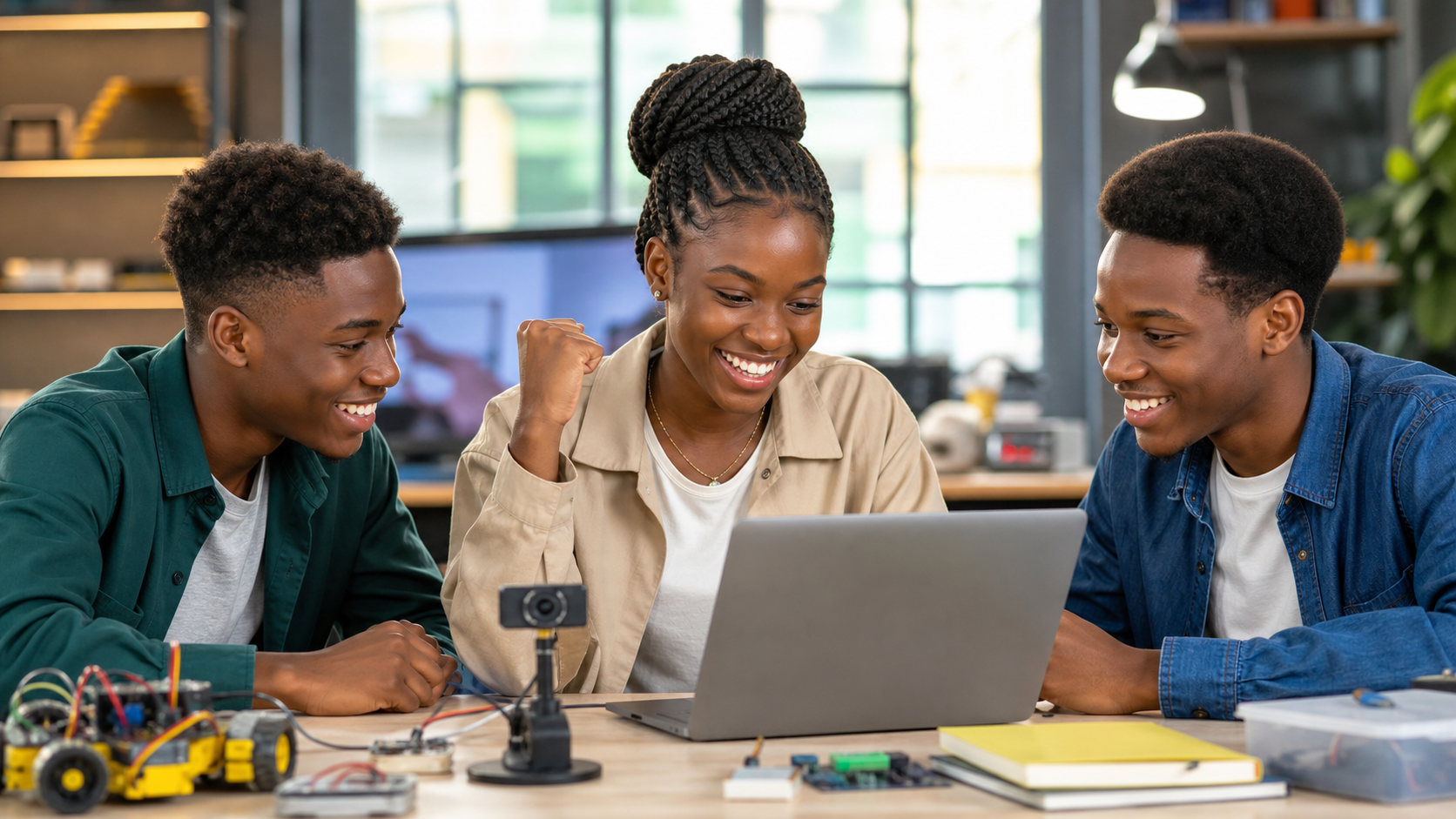 Students celebrating a working artificial intelligence model