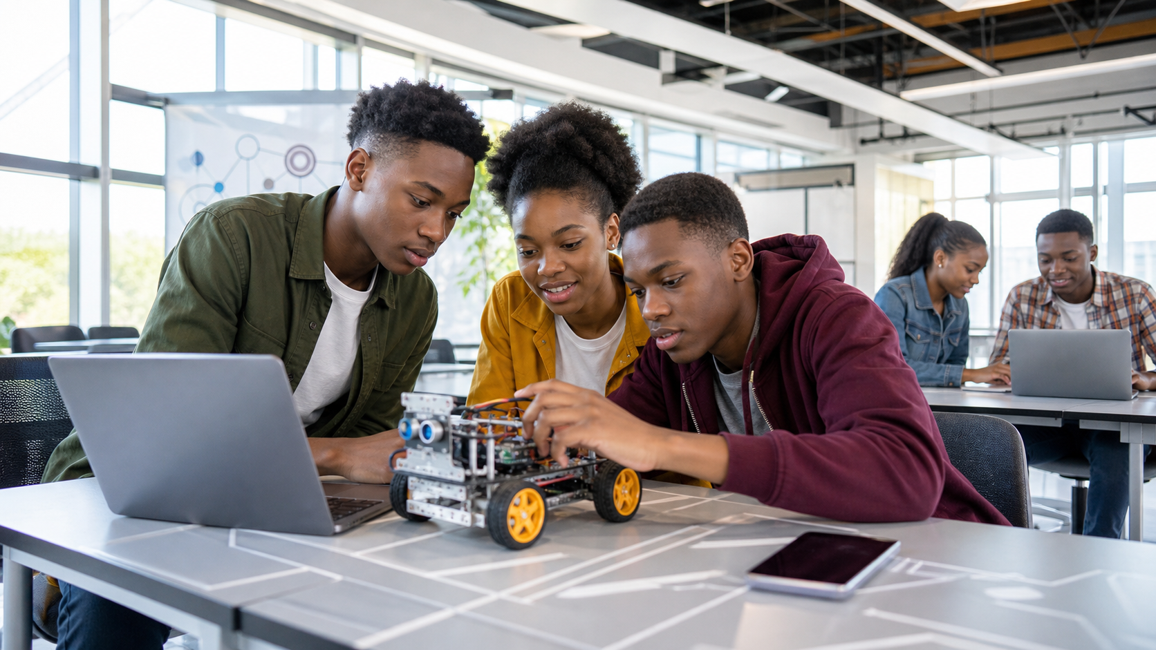 African students testing a robotics project in a modern learning lab