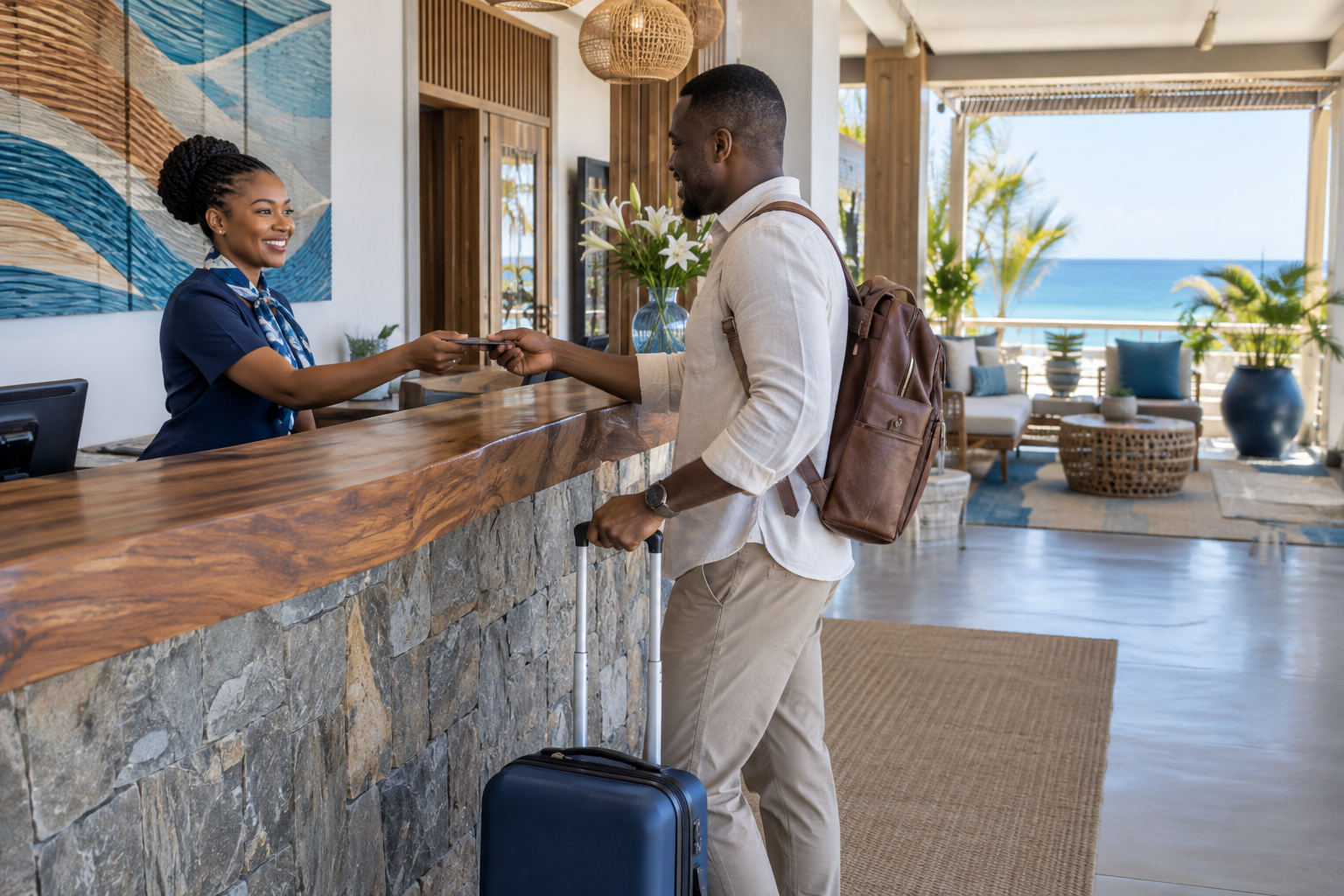 A hotel receptionist welcoming a traveller — AI-generated editorial image
