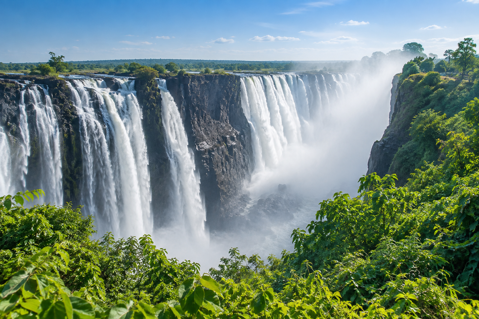 AI-generated waterfall landscape with mist and lush vegetation