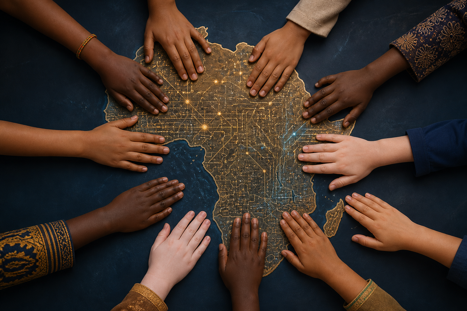 Children of varied African racial and cultural backgrounds placing their hands around a map of Africa with subtle AI network connections